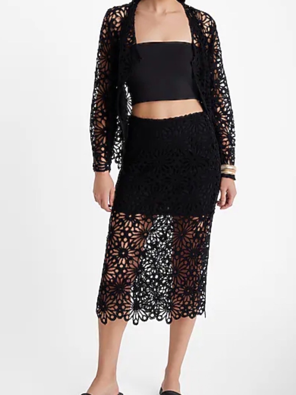 Express Black Floral Crochet Midi Skirt